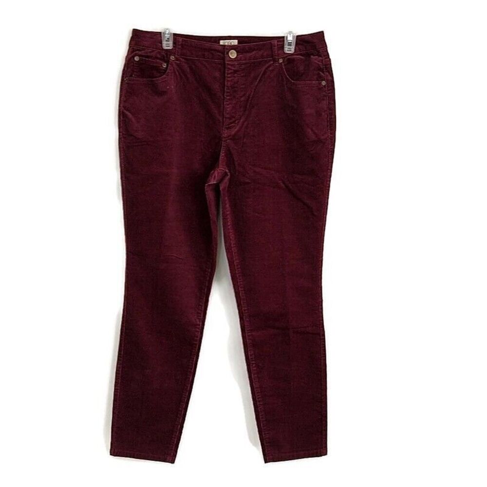 LOGO Lori Goldstein Burgundy Corduroy Pants Slim Leg Casual Chic Fall sz 14